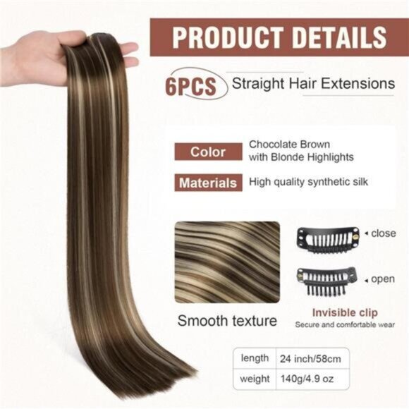 6PC Clip in Hair Extensions Chocolate x Blonde - Picture 2 of 6